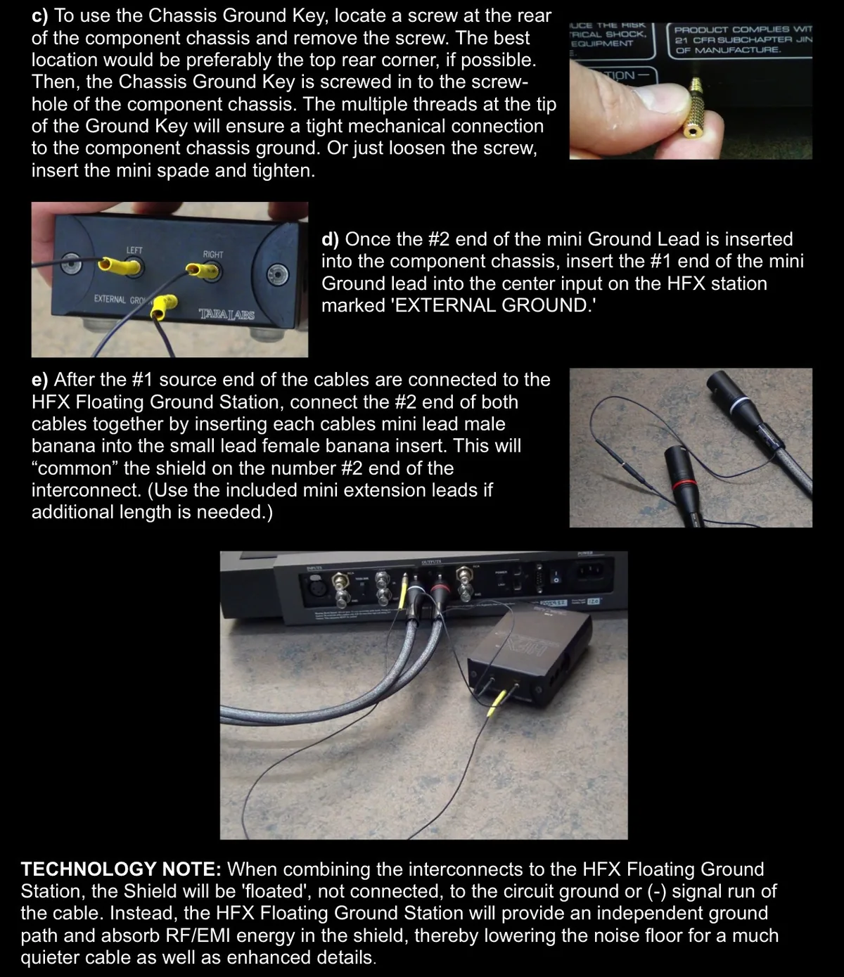 Connecting the HFX Floating Ground Station, steps 4c to 4e (instruction sheet)