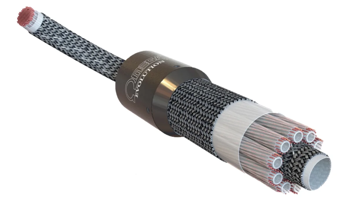 Cutaway rendering of a TARA Labs Evolution cable, showing its conductors inside air tubes
